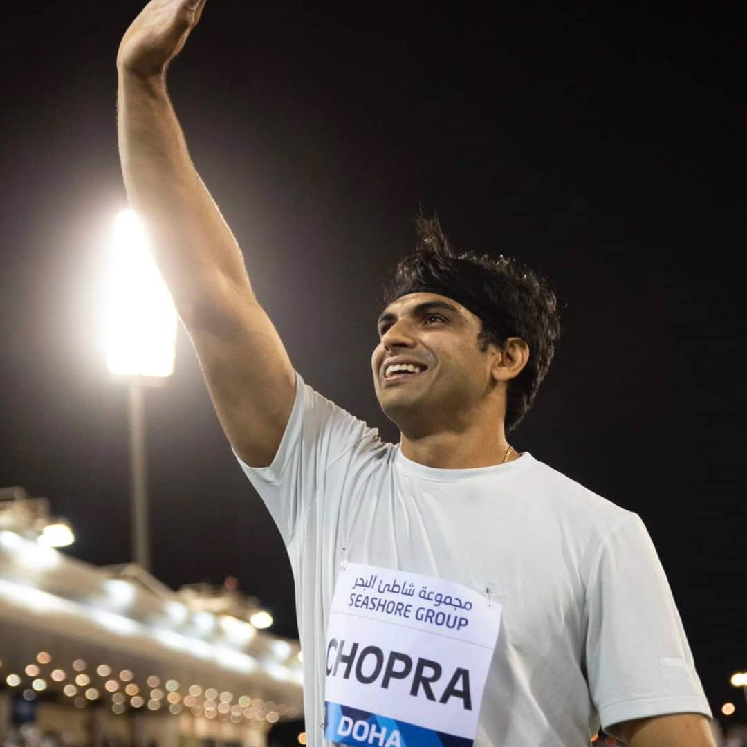 Neeraj Chopra celebrating after his 90.23m throw in Doha