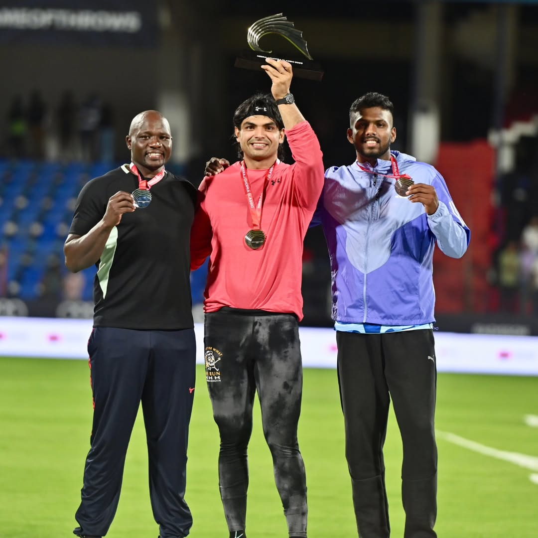 Neeraj Chopra on the podium at a first ever NC Classic event