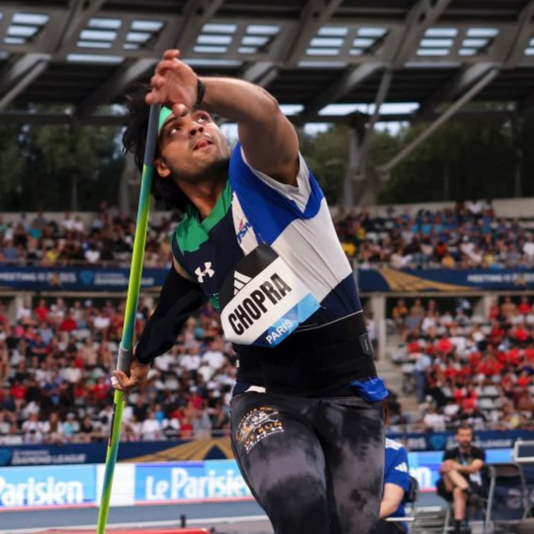 Neeraj Chopra on the podium at a European Diamond League event